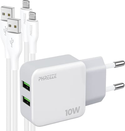 Phreeze usb oplader 10 W - Geschikt voor iPhone en iPad met Lightning kabel 1m - Dubbele usb poorten - 2 kabels meegeleverd