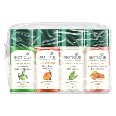 Biotique Groene Appel Shampoo 35ml + Morning Nectar Lotion 35ml + Abrikozen Body Wash 35ml + Honing Gel Gezichtsreiniger 35ml Reisset white