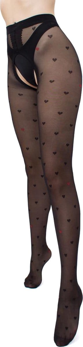 Giulia - Intimo Fashion licht glanzende 20den Panty met hartjes en open kruis - Zwart - S