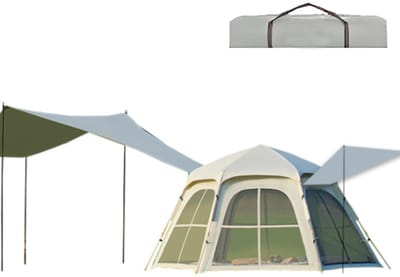 Pop-up Familietent met XXL Zonnescherm - 3-Persoons Koepeltent - Opzetten in 3 Seconden - Inclusief Voorluifel voor Extra Leefruimte - Kampeertent - pop up tent voor Kamperen - festival tent + Draagtas - Niet waterdicht - Wit