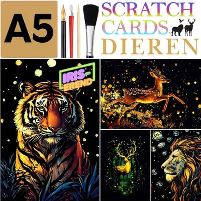 Ainy - Glow in the Dark Scratch Art Wilde Dieren (A5) | 4 krastekening incl kras pen | Kras tekeningen | Schilderen op kleuren kunst kraskaart | hobby & creatief voor volwassenen en kinderen ( meisjes ) | Knutselen - DIY ontspanningspakket