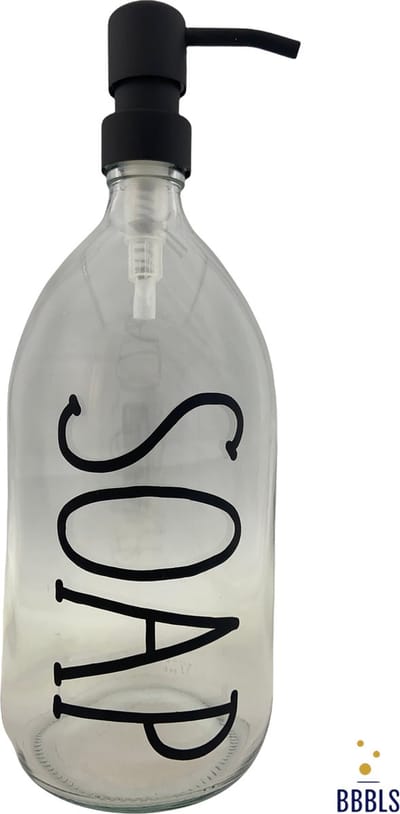 BBBLS® Design Dispenser "Soap" | Transparant Glas | 1 liter | RVS / Metaal Pomp Zwart | Zeeppomp | Zeepdispenser | Zeephouder