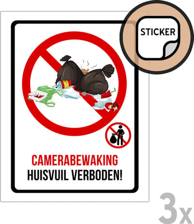 Pictogram/ stickers (3x) | "Camerabewaking - Huisvuil verboden!" | 19 x 25 cm | Sluikstorten | Afvalcontainer | Vuilnisbak | Parking | Tankstation | 3 stuks