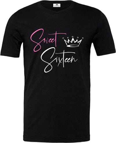 Shirt verjaardag feest shirt-16 jaar-Sweet Sixteen met kroontje-Roze-Maat S