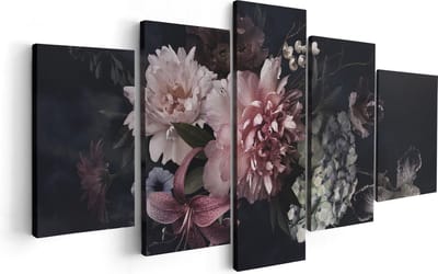Artaza Canvas Schilderij Vijfluik Diverse Bloemen Op Zwart Achtergrond - 100x50 cm - Wanddecoratie Woonkamer - Schilderijen - Muurdecoratie