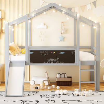 VVBV Kinderbed 90x200 cm met Glijbaan, Trap en Krijtbord - Halfhoogslaper Huisbed Massief Hout Grijs