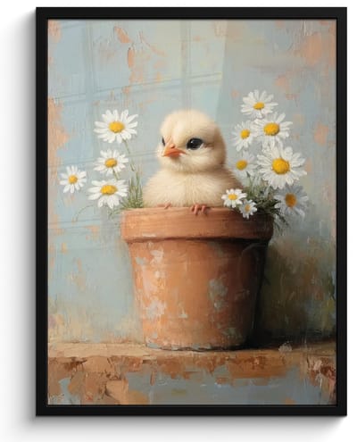 Poster in lijst - Fotolijst 50x70 cm - Posters - Bloempot - Kuiken - Bloemetjes - Posterlijst zwart - Decoratie - Wanddecoratie woonkamer - Muurdecoratie slaapkamer
