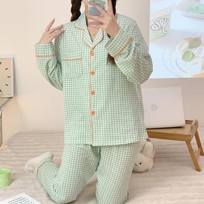 Damespyjama Nieuwe Herfst Lente Lange Mouw Zachte Nachtkleding Set Ruit Cartoon Katoenen Pyjama Vrouw Thuis Nachtkleding Set Vest XXL
