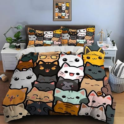 3D Leuke Cartoon Katten Print Beddengoed Set Dekbedovertrek Dekbedovertrek Kussenslopen Volwassenen En Kinderen Beddengoed Set Luxe Dekbed Set 140x200cm 3pcs