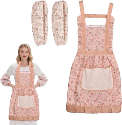 Roze Keuken Schort met Bloemenpatroon en Beschermende Mouwen - Set van Schort en Mouwen, Zacht en Vintage Stijl voor Koken, Bakken, Tuinieren en Huishoudelijke Klussen