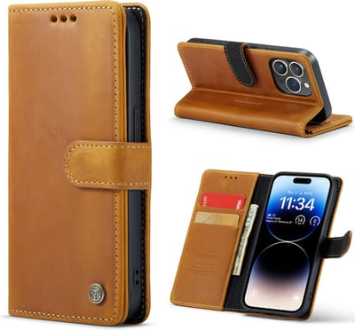 Casemania Echt Leren Hoesje Geschikt voor Apple iPhone 14 Pro - Bruin - Leer Wallet Hoes - Portemonnee Book Cover met Pasjeshouder