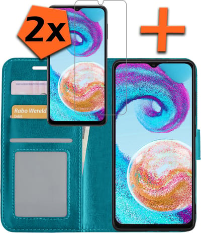 Hoes - Met 2x Screenprotector - Geschikt voor Samsung Galaxy A04s - Luxe Pasjeshouder - Bookcase Portemonee - Flip Case - Kunstleer Book Case - Flipcase Hoes - Book Cover - Walletcase - PortemonneeHoes - Turquoise