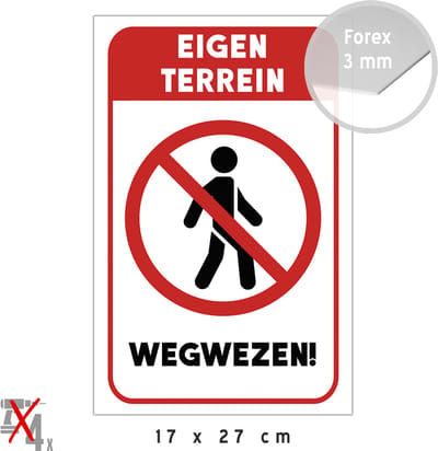 Pictogram/ bord | "Eigen terrein - Wegwezen!" | 17 x 27 cm | Privé eigendom | Privaat | Kunststof | CCTV | Geen toegang | Rood/ wit | Poort | Deurbord | Privé domein | 1 stuk