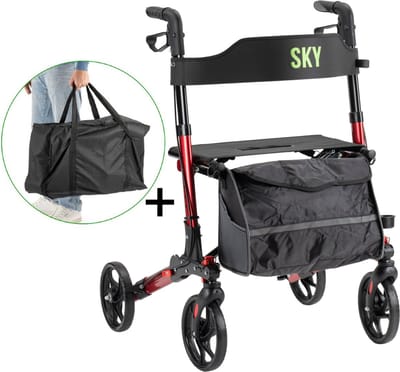 Sky - Lichtgewicht rollator met transporttas - Rood - Dubbel opvouwbaar - Met stokhouder, tas en rugband