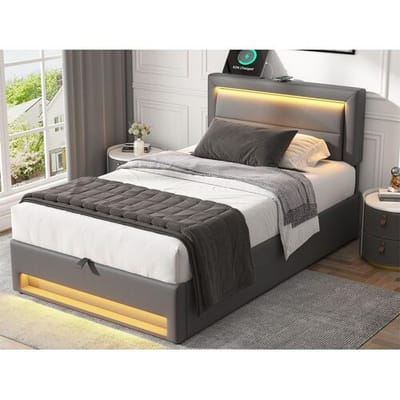 ModernLuxe 90x200 cm kunstleer opbergbed met LED - met oplaadpoorten (bedraad en draadloos) - Grijs