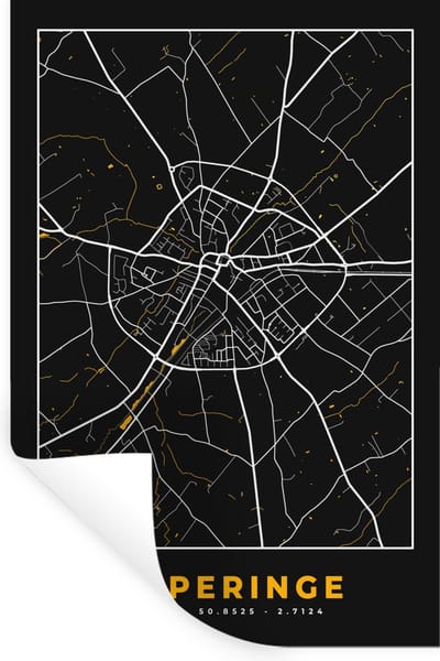 Muurstickers - Sticker Folie - Black & gold - Poperinge - Stadskaart - Plattegrond - Kaart - 20x30 cm - Plakfolie - Muurstickers Kinderkamer - Zelfklevend Behang - Zelfklevend behangpapier - Stickerfolie