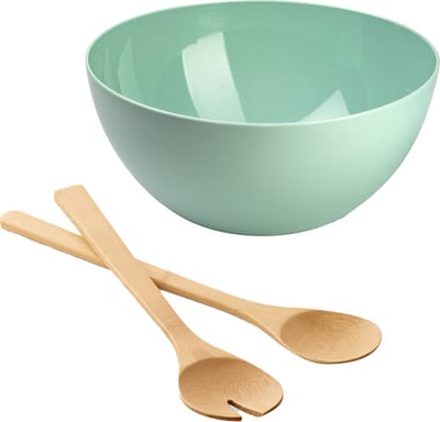 Salade/fruit serveer schaal - mint - kunststof - Dia 28 cm - met bamboe Sla couvert/bestek van 30 cm