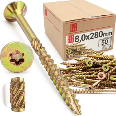 LUN FIX - Spanplattenschroeven 8x280 mm - 50 stuks - TX30 (I-Ster) - Verzinkte kop/freesribben - Torx Schroeven