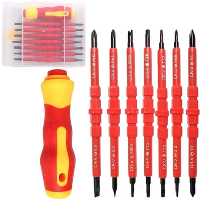 Dailygoods - 7-delige Isolatieschroevendraaier Set - Geïsoleerd en Verwisselbaar - Rood - Chroom-vanadium Staal - Voor Elektriciens - Inclusief 9 Stukken