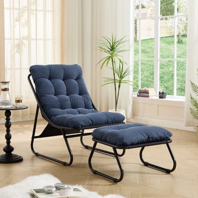 STILVORA Loungestoel Met Hocker 65 x 78 x 86 cm - Relaxstoel Voor Binnen En Buiten - Stalen Frame - Marineblauw
