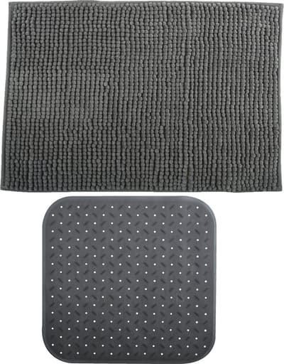 MSV Douche anti-slip mat en droogloop mat - Sevilla badkamer set - rubber/microvezel - donkergrijs