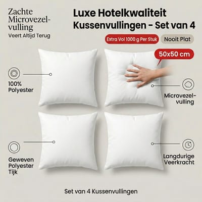 Set van 4 | BINNENKUSSEN - 50x50 cm | 1000 gram/stuk | Kussenvulling | 100% Polyester | Vulling - Microvezel