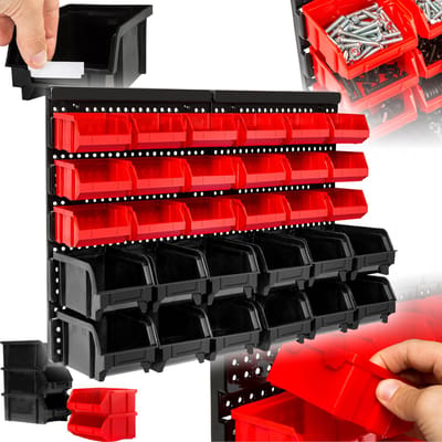 tectake® Werkplaats Gereedschapswand - Onderdelenkast met 30 opbergbakken - 31-Delige set met 18 Middelgrote en 12 Grote Stapelboxen en Insteekplank - Praktisch opslagsysteem voor gereedschap, onderdelen en accessoires - Ideaal voor Garage