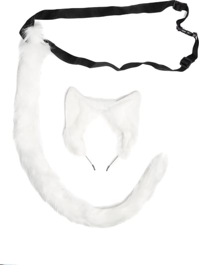 KIMU® Haarband Furry Oren & Staart Set Wit - Kat Poes Vos Diadeem Dons Dieren - Dierenoren Oor Oortjes Vilt Lynx Hond Wolf Haren Staartje Festival