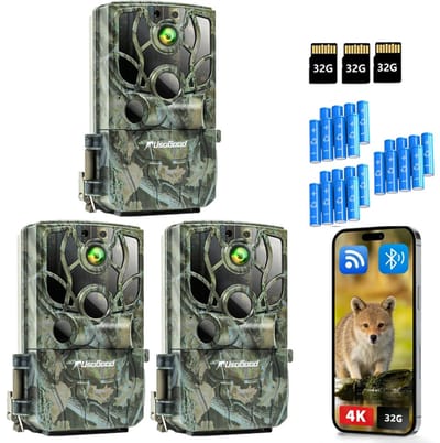 Usogood WildCamera - 4K Ultra HD & 48MP - Waterdicht - Buiten Camera met Nachtzicht en Wifi - Wildlife camera's - Nachtcamera met App – Incl. 8 batterijen, 32GB geheugenkaart – 3Stuks