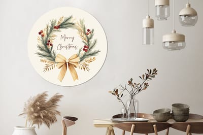 WallCircle - Wandcirkel - Muurcirkel - Kerstkrans - Kerst - Goud - Beige - Aluminium - Dibond - 140x140 cm - Binnen en Buiten
