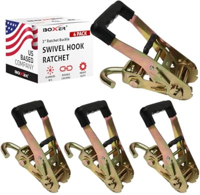 4 Pack Heavy Duty Rubber Handvat Ratchet Gesp met Swivel J Haak - Dubbele Locking, 3 kg Slepen, Cargo Control Tie Down