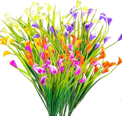 6 Stuks Kunstbloemen, UV Bestendige Plastic Zijde Bloemen, Nepplanten voor Binnen en Buiten, Calla Lelies voor Hangende Plantenbakken en Tuin Decoratie in Vijf Kleuren