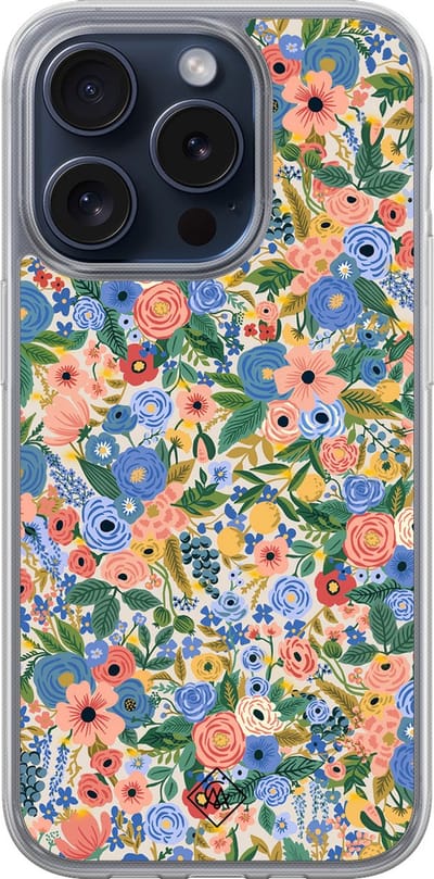 Casimoda® hoesje - Geschikt voor iPhone 15 Pro - Blue Gardens - 2-in-1 case - Schokbestendig - Bloemen - Verhoogde randen - Blauw, Transparant