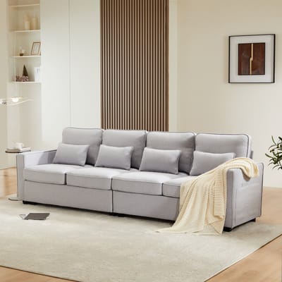 Moderne vierpersoonsbank met armleuningzak en 4 kussens - voor woonkamer - appartement - kantoor - lichtgrijs