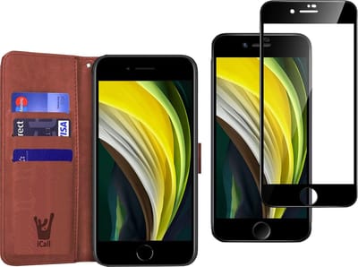 Hoesje geschikt voor iPhone SE 2022 / 2020 / 8 / 7 - Screen Protector FullGuard - Book Case Kunstleer Pasjeshouder Bruin & Screenprotector