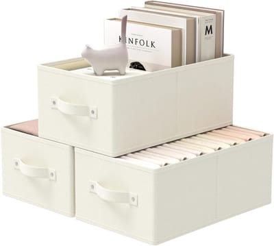 Famanu – Opbergdozen - Set van 3 Opbergmanden voor Kast - Opbergkubussen met 2 Handgrepen - Vlies - 33 x 23 x 14 cm - Beige