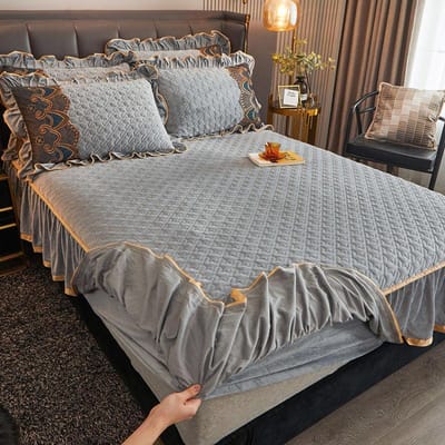 Drap de lit en velours cristal Jupe en dentelle Draps-housses brodés Housse de matelas Couvre-lits chauds d'hiver pour enfants adultes 180*200CM with pillowcase
