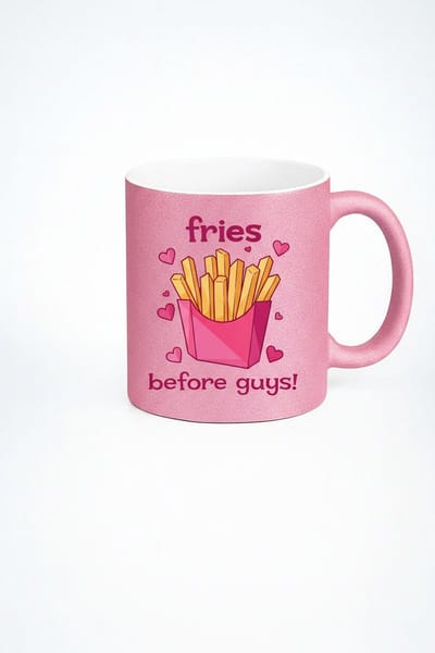 Roze Glitter Mok 'Fries Before Guys' - Grappige Friet Koffiemok