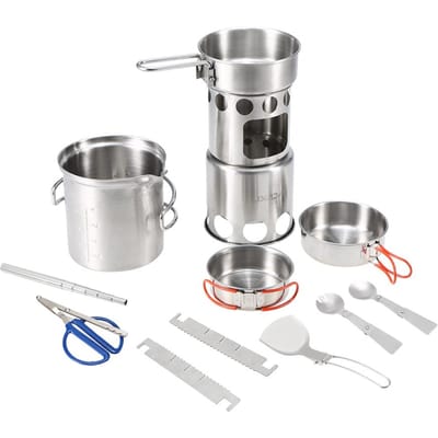 Lixada 10 stuks kampeerkookgerei Mess Kit Outdoor draagbare roestvrijstalen opvouwbare houtkachel pot pan 10pcs kit gray