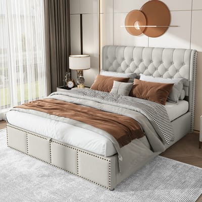 VVBV Gestoffeerd Bed met Opbergruimte 140x200 cm met Hydraulische Opbergruimte - Linnen - Zonder Matras
