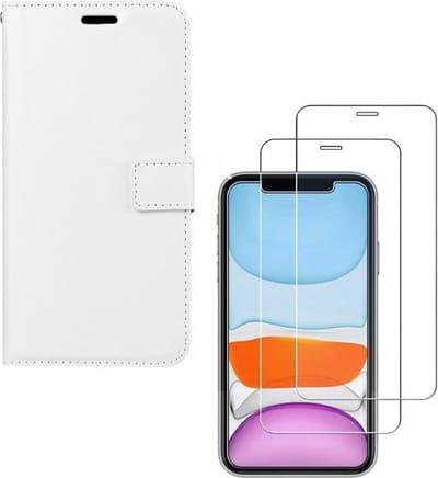 Bookcase Geschikt voor: iPhone 11 Pro - wit - portemonee hoesje + 2X Tempered Glass Screenprotector