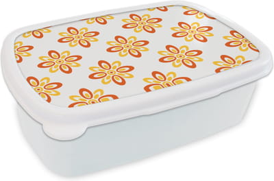 Broodtrommel Wit - Lunchbox Patroon - Jaren 70 - Bloemen - Oranje - Brooddoos 18x12x6 cm - Brood lunch box - Broodtrommels voor kinderen en volwassenen