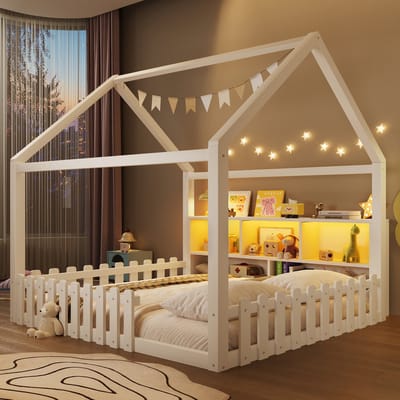 VVBV Kinderbed 140x190 cm met Bureau, Planken - Huisdesign, Voor Kinderen/Tieners - Massief Hout Wit - Zonder Matras