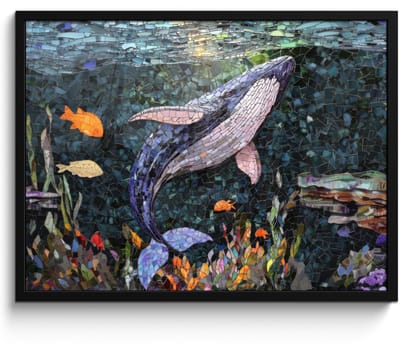 Poster in lijst - Fotolijst 70x50 cm - Posters - Mozaïek - Walvis - Koraal - Water - Posterlijst zwart - Decoratie - Wanddecoratie woonkamer - Muurdecoratie slaapkamer