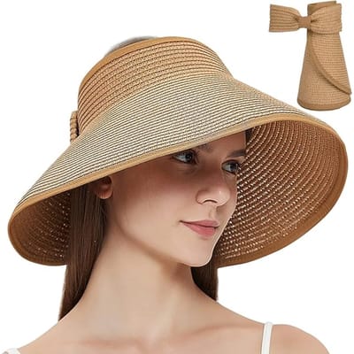 QTTVBTNA – 1 Stuk Hoeden - Strand Zonnehoed - Opvouwbare Zonneklep Hoed Stro - Brede Rand Met Paardenstaart Opening - Lichtgewicht Zomerhoed - Voor Strand Vakantie Reizen Outdoor en Dagelijks Gebruik - Comfortabel Ademend Design - Bruin