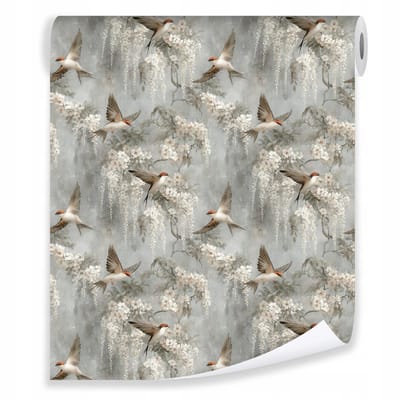 WALLARENA - Behang op rol - 50x1000 cm - bloemen en vogels - glad halfmat vliesbehang voor woonkamer en slaapkamer