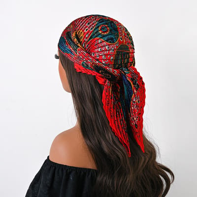 Écharpe Carrée Plissée en Soie Style Bohème Imprimé Floral Foulard Satiné pour Cheveux Foulards Bandana Hijab Motif Fleurs Feuilles Tropicales black