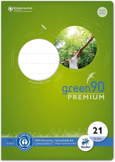 Thijox - Staufen Green Schoolschrift A4 Liniatuur 21 (9 mm) - 16 Vellen Premium Wit Gerecycled Papier met Ronde Hoeken - 4 Kleurrijke Motieven