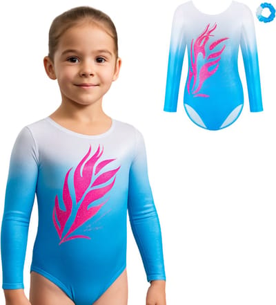 Joya Kids® Turnpakje Meisjes met Lange Mouwen met Scrunchie | Blauw en Wit met Glitters en Roze Vlam Print | Ballet pakje | Gymnastiekpakje | Turnen | Turn Pakje | Maat 110