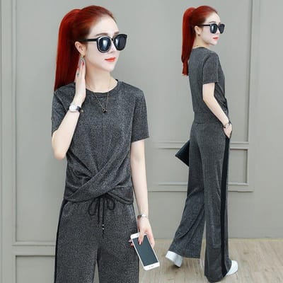 Wijdpijpbroek Sportpak Dames Zomer Nieuw Hangend Hoge Taille Afslankend Wijdpijpbroek Tweedelige Set 3XL